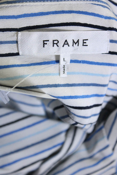 Frame Womens Silk Long Sleeve Striped Button Down Blouse Blue Size L