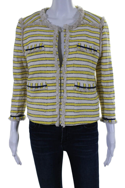 Veronica Beard Womens Short Sleeve Striped Fringe Hook Eye Jacket Yellow Size 10