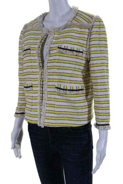 Veronica Beard Womens Short Sleeve Striped Fringe Hook Eye Jacket Yellow Size 10