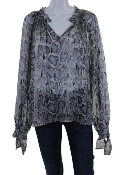 Rebecca Taylor Womens Silk Animal Print Textured Long Sleeve Blouse Gray Size 12