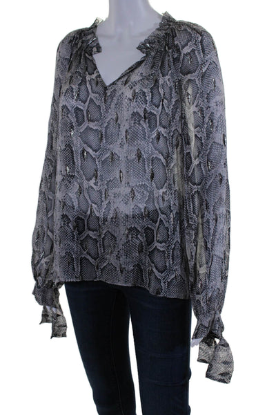 Rebecca Taylor Womens Silk Animal Print Textured Long Sleeve Blouse Gray Size 12