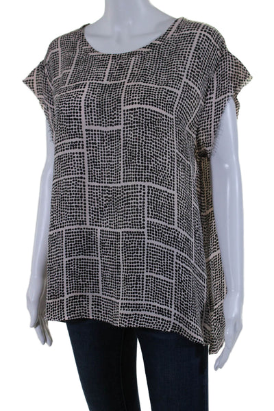 Vince Womens Silk Geometric Print Short Sleeved Fringed Hem Blouse Beige Size M