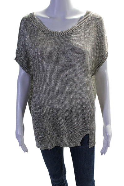 Vince Womens Metallic Sleeveless Open Knit Blouse Silver Size L