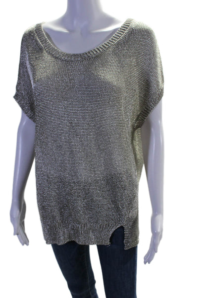 Vince Womens Metallic Sleeveless Open Knit Blouse Silver Size L