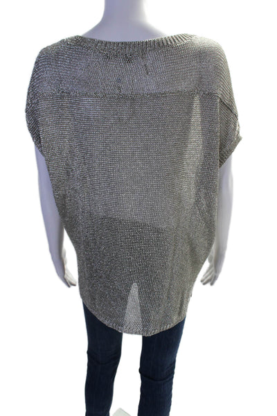 Vince Womens Metallic Sleeveless Open Knit Blouse Silver Size L