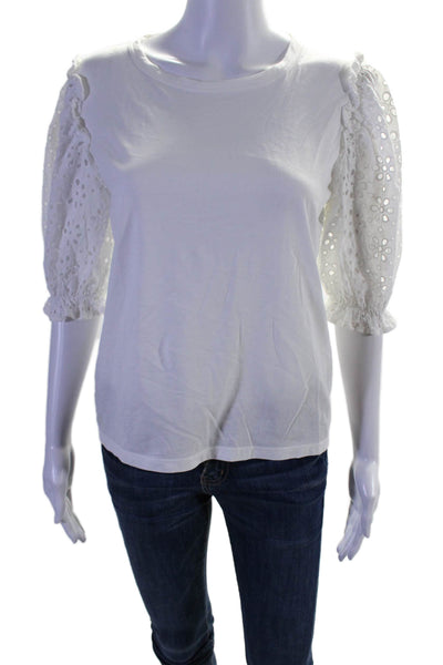 Veronica Beard Womens Cotton Ruffled Hem Lace Puff Sleeve Top White Size S