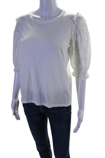 Veronica Beard Womens Cotton Ruffled Hem Lace Puff Sleeve Top White Size S