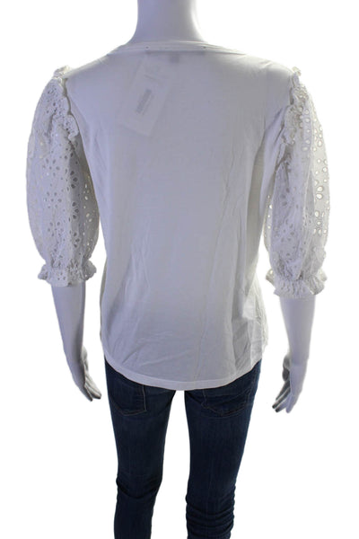 Veronica Beard Womens Cotton Ruffled Hem Lace Puff Sleeve Top White Size S