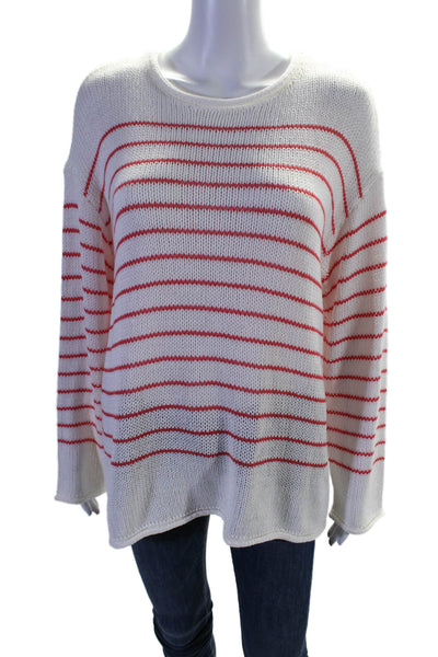 Aqua Womens Long Sleeve Striped Crew Neck Thick Knit Sweater White Medium