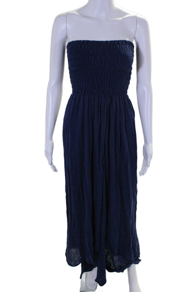 Minnie Rose Womens Strapless Smocked Knit Maxi Dress Navy Cotton Size Small