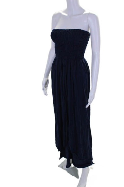 Minnie Rose Womens Strapless Smocked Knit Maxi Dress Navy Cotton Size Small