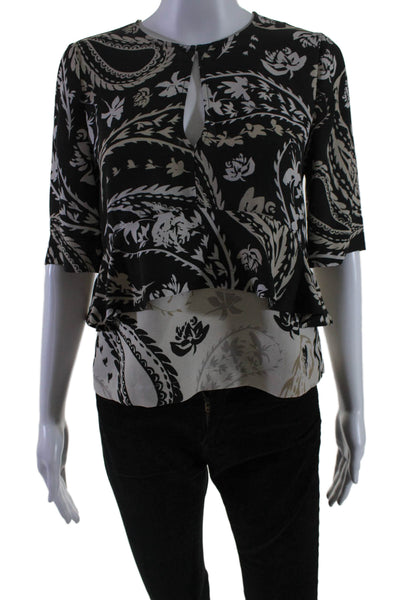 BCBGMAXAZRIA Womens Short Sleeve V Neck Floral Blouse Black White Size 2XS