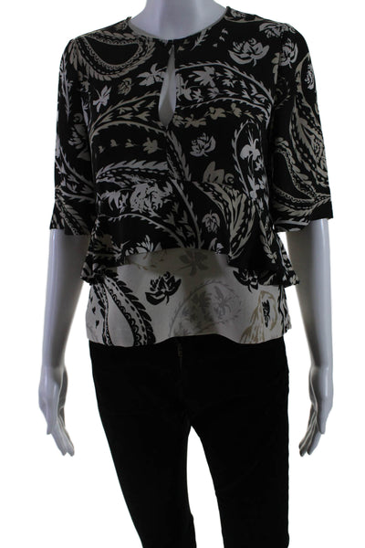 BCBGMAXAZRIA Womens Short Sleeve V Neck Floral Blouse Black White Size 2XS