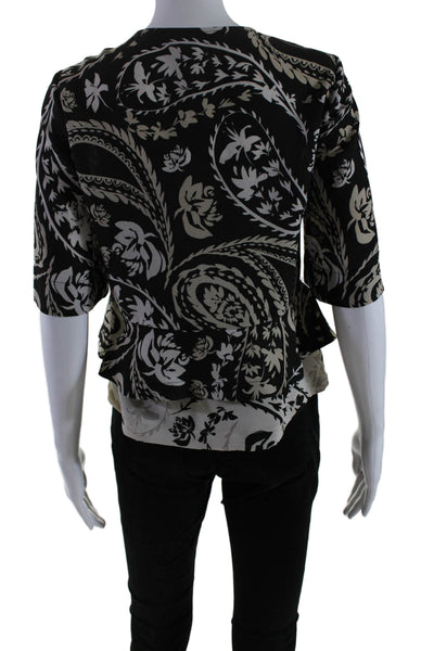 BCBGMAXAZRIA Womens Short Sleeve V Neck Floral Blouse Black White Size 2XS