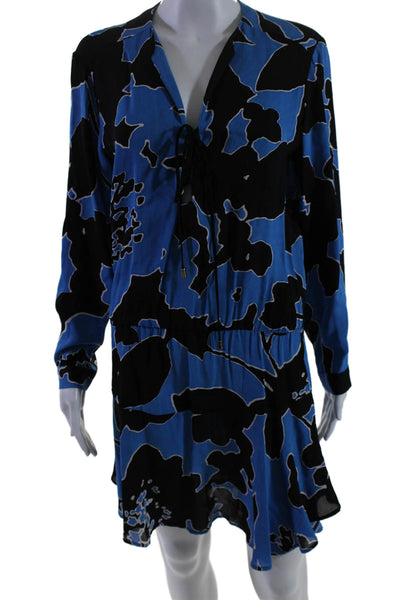 Karina Grimaldi Womens Long Sleeve Lace Up V Neck Printed Dress Blue Black XS