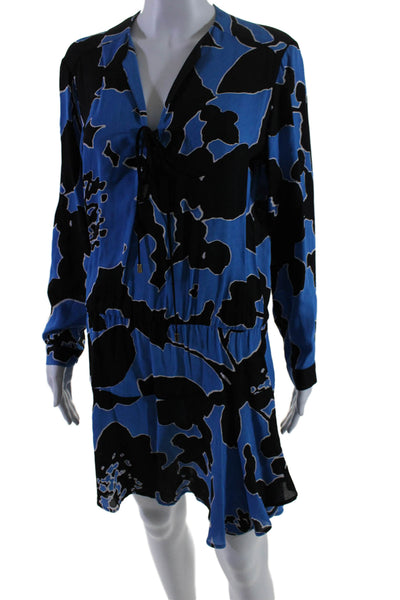 Karina Grimaldi Womens Long Sleeve Lace Up V Neck Printed Dress Blue Black XS