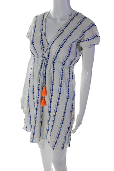 Heidi Klein Womens Cotton Tie Dye Striped V-Neck Ruched Midi Dress White Size M