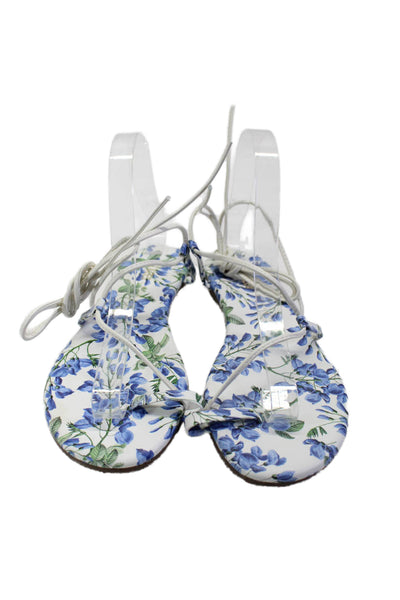 TKEES x Alice + Olivia Womens Leather Floral Print Lace-Up Sandals White Size 7