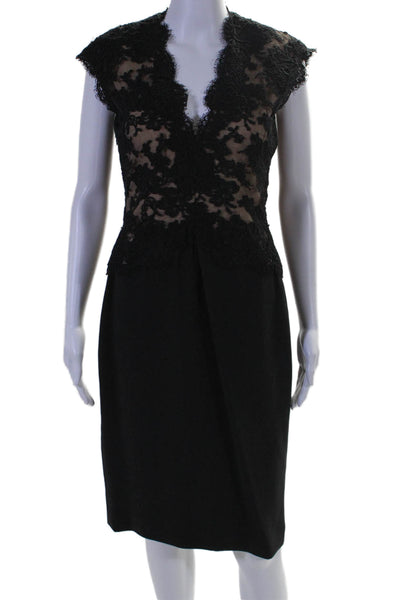 Reem Acra Womens Silk Sleeveless V Neck Lace Sheath Dress Black Size 8