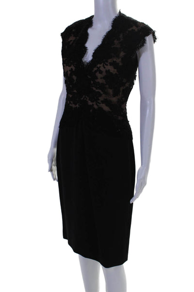 Reem Acra Womens Silk Sleeveless V Neck Lace Sheath Dress Black Size 8