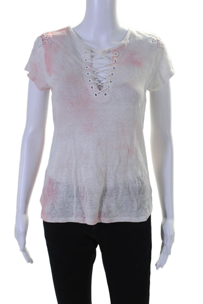 Generation Love Womens Short Sleeve Lace Up Tie Dyed Linen Shirt White Small