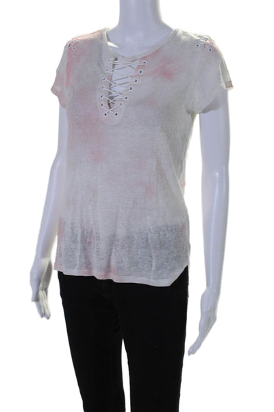 Generation Love Womens Short Sleeve Lace Up Tie Dyed Linen Shirt White Small