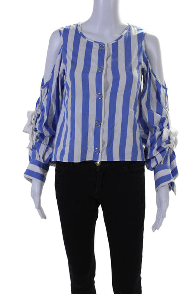 Parker Womens Button Front 3/4 Sleeve Cold Shoulder Striped Top White Blue Small