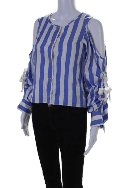 Parker Womens Button Front 3/4 Sleeve Cold Shoulder Striped Top White Blue Small