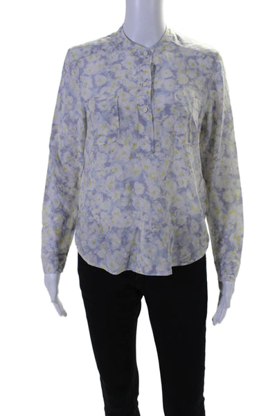 Rebecca Taylor Womens Half Button Long Sleeve Floral Silk Top Gray White Size 2