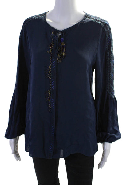 Kobi Halperin Womens Silk Embroider Beaded Button Long Sleeve Blouse Navy Size S