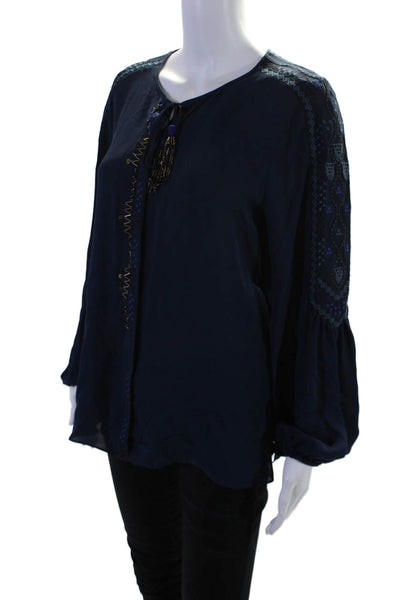 Kobi Halperin Womens Silk Embroider Beaded Button Long Sleeve Blouse Navy Size S