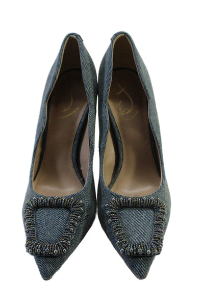 Sam Edelman Womens Denim Beaded Pointed Toe Slip On Heels Pumps Blue Size 6