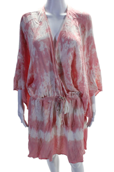 Young Fabulous & Broke Womens Pink Tie Dye V-Neck Tie Waisted Shift Dress Size L