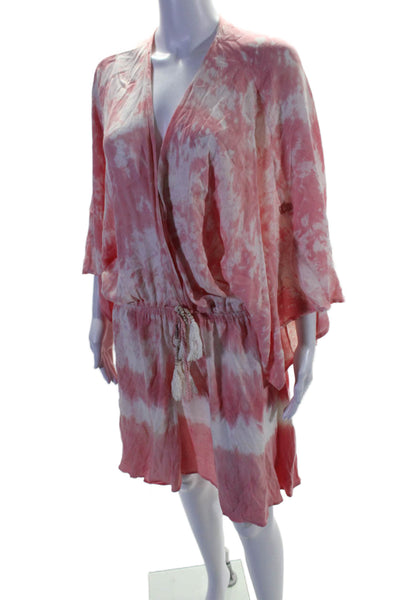 Young Fabulous & Broke Womens Pink Tie Dye V-Neck Tie Waisted Shift Dress Size L