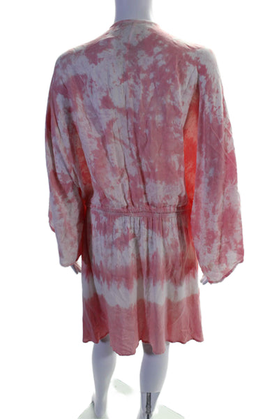 Young Fabulous & Broke Womens Pink Tie Dye V-Neck Tie Waisted Shift Dress Size L