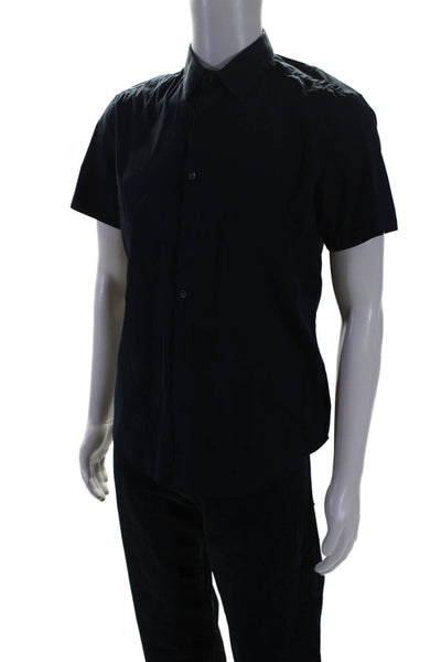 Theory Mens Cotton Blend Collared Short Sleeve Button Up Shirt Navy Size M