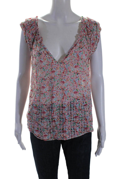 Shoshanna Womens Cotton V Neck Floral Print Sleeveless Blouse Pink Size XS