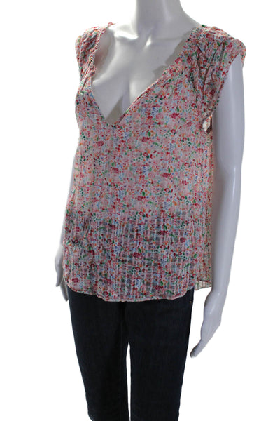 Shoshanna Womens Cotton V Neck Floral Print Sleeveless Blouse Pink Size XS