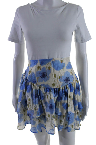 Interstyle Women's Smocked Tiered Lined Flare Blue Floral Mini Skirt Size L