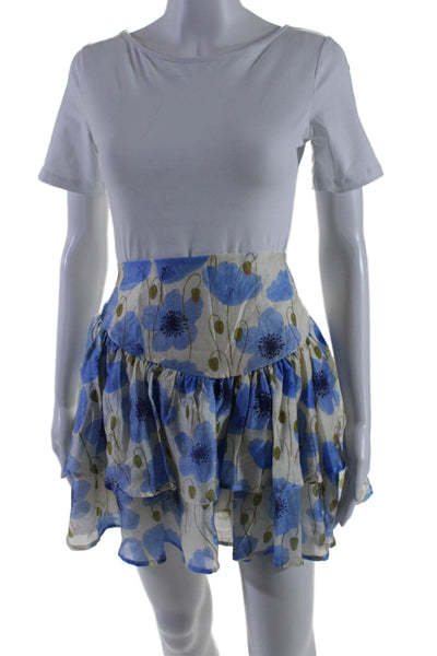 Interstyle Women's Smocked Tiered Lined Flare Blue Floral Mini Skirt Size L