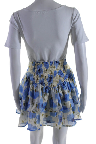 Interstyle Women's Smocked Tiered Lined Flare Blue Floral Mini Skirt Size L