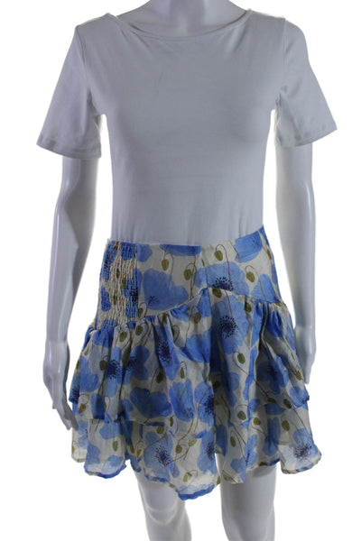 Interstyle Women's Smocked Tiered Lined Flare Blue Floral Mini Skirt Size M