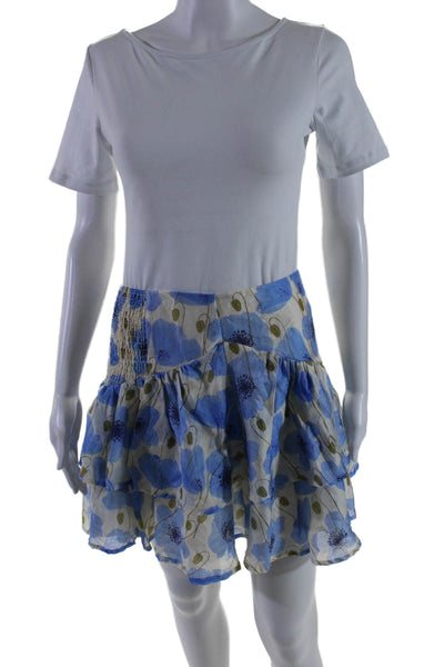 Interstyle Women's Smocked Tiered Lined Flare Blue Floral Mini Skirt Size M