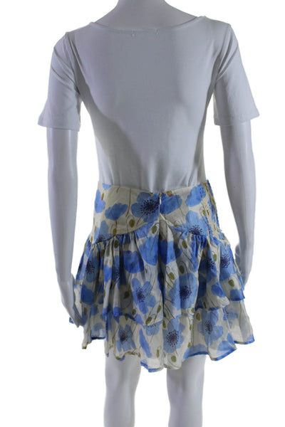 Interstyle Women's Smocked Tiered Lined Flare Blue Floral Mini Skirt Size M