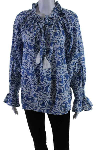 Pomegranate Women's Round Neck Ruffle Long Sleeves Floral Blouse Size L