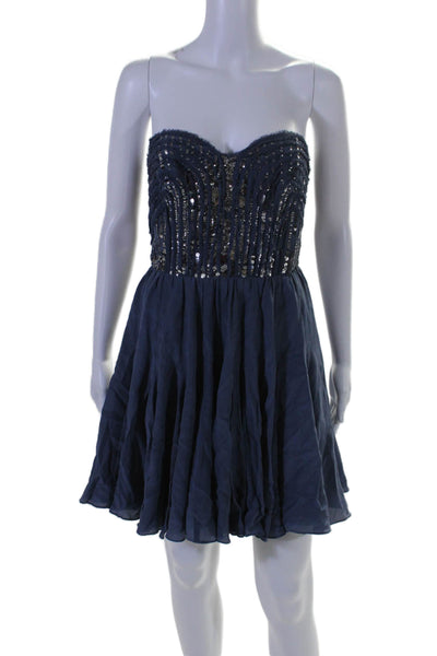 Rebecca Taylor Womens Strapless Sweetheart Sequin Silk Dress Blue Size 6