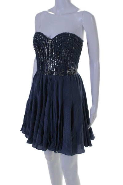 Rebecca Taylor Womens Strapless Sweetheart Sequin Silk Dress Blue Size 6