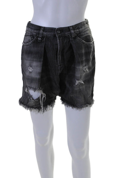 R13 Womens Zipper Fly High Rise Distressed Fringe Denim Shorts Gray Size 25