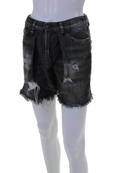 R13 Womens Zipper Fly High Rise Distressed Fringe Denim Shorts Gray Size 25