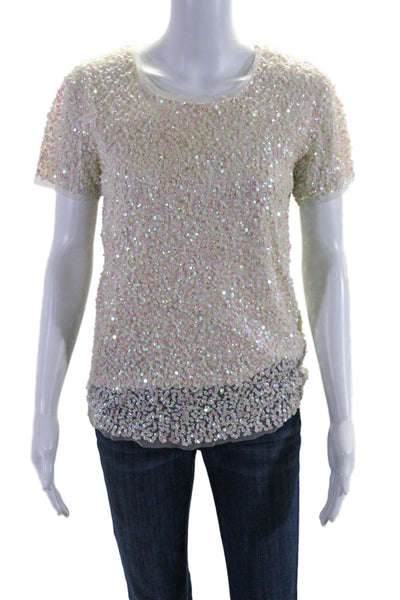 Gryphon New York Womens Sequin Round Neck Short Sleeve Blouse Top White Size XS